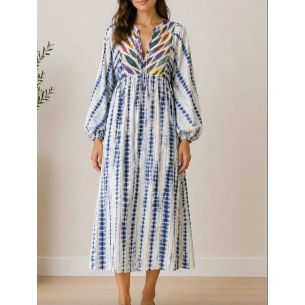 Warm Shibori Tie Dye Bohemian Maxi Dress Blue Embroidered Cotton | Fits Size 2/4